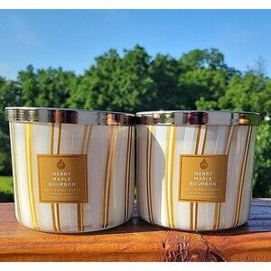 BATH AND BODY WORKS FALL BOURBON MAPLE 3 WICK CANDLE X2 BRAND NEW lot of 2 BBW